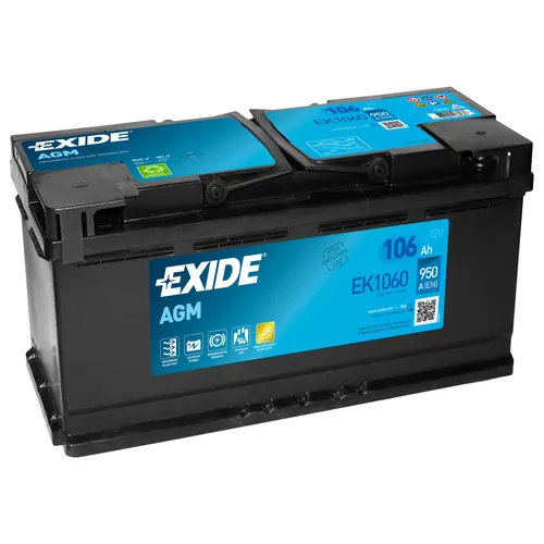 Exide EK1060 Start-Stop AGM Autobatterie 12V 106Ah 950A - Autobatterie für moderne Fahrzeuge mit Start-Stopp-Technologie, auslaufsicher und besonders widerstandsfähig bei kalten Temperaturen.