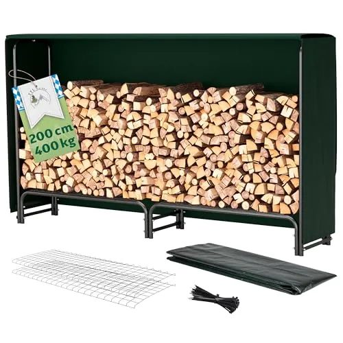 TTL Garden Kaminholzregal M 200x36x116cm schwarz mit Abdeckung - für aussen & innen, bis 400kg Holz wetterfeste Schutzplane - Metall Stahl Rohrrahmen rostfrei Holzunterstand Holzregal für Kaminholz