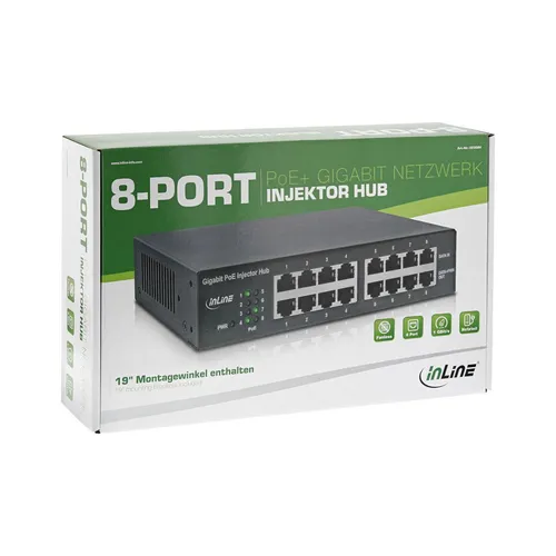 InLine PoE+ Gigabit Netzwerk Injektor Hub 8 Port (8x PoE+), 1GBit/s, 19