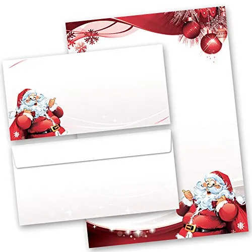 Briefpapier Set, 20 tlg. Weihnachten, BRIEF AN DEN WEIHNACHTSMANN 10 Blatt Briefpapier + 10 passende Briefumschläge DIN LANG ohne Fenster | Paper-Media