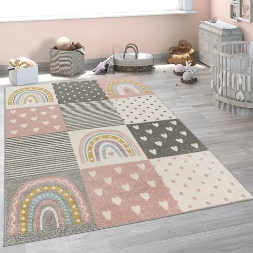 Paco Home Kinderteppich Teppich Kinderzimmer Mädchen Jungs Verschiedene Motive Und Größen, Grösse:240x340 cm, Farbe: Creme Rosa Grau