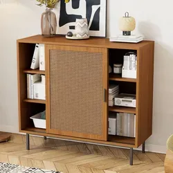 MERAX Vintage Kommode mit Rattangeflecht - Stilvolle Kommode mit Schiebetüren, 4 verstellbaren Einlegeböden und elegantem Design, ideal für eine charmante Wohnatmosphäre.