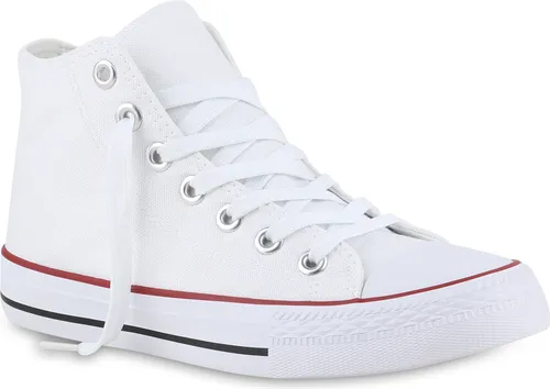 VAN HILL Damen Sneaker High Schnürer Bequeme Freizeit Stoff Schuhe 841313, Farbe: Weiß Rot, Größe: 42