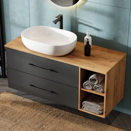 Planetmöbel LUX Badmöbel Waschtischunterschrank 120 cm hängend - Waschplätze mit elegantem Design, hochwertigem Material und Soft-Close-Funktion für geräuschloses Schließen. Bietet ausreichend Stauraum für Badutensilien und Pflegeprodukte.