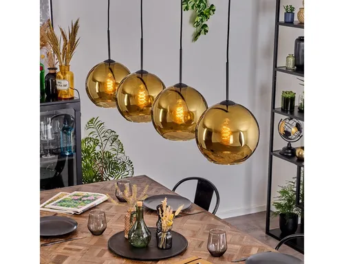 hofstein Hängeleuchte Retro aus Metall/Glas in Schwarz/Gold, 4 x E27 - Elegante Hängeleuchte im Retro-Design mit einem Durchmesser von 25 cm. Ideal für Esszimmer und Wohnzimmer, bietet sie stilvolle Beleuchtung und lässt sich individuell gestalten.