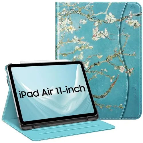 FINTIE Hülle für iPad Air 11 Zoll M4/M3/M2 (2026/2025/2024), iPad Air 5./4. Generation 10,9 Zoll (2022/2020), Multi-Winkel Betrachtung Folio Stand Schutzhülle Case mit Dokumentschlitze, Mandelblüten