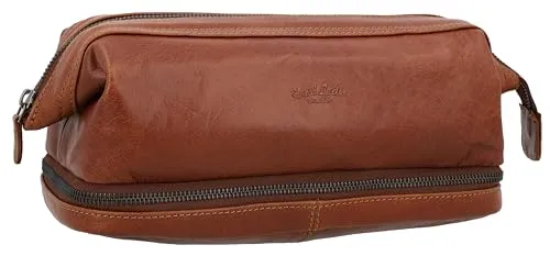 Gusti Waschtasche Leder - Quinn Kulturtasche Schminktasche Braun Leder - Sportliche Kulturbeutel aus robustem Echtleder, ideal für Reisen. Platz für alle Hygieneartikel und als stylische Make-Up Tasche einsetzbar.