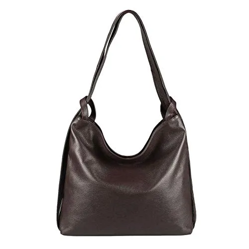 ITALYSHOP24.COM OBC Damen Tasche Rucksack 2 in 1 Umhängetasche Schultertasche Umhängetasche Daypack Leder Rucksacktasche Shopper Backpack Freizeitrucksack (Dunkelbraun (echtes Leder))