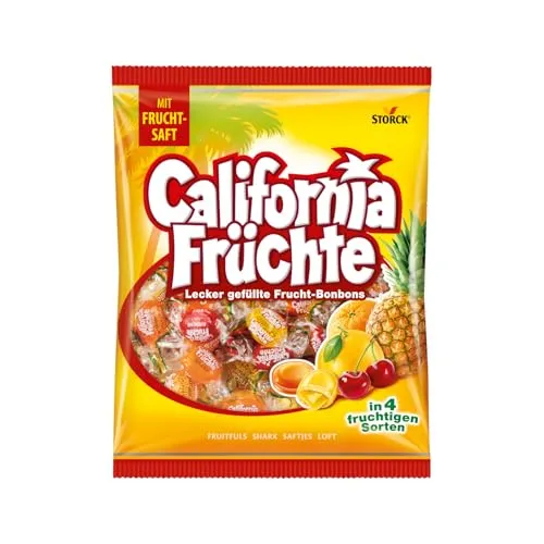Produktbild California Früchte Bonbons – 1 x 425 g – Gefüllte Fruchtbonbons in vier verschiedenen Sorten – Süßigkeit einzeln verpackt und ideal zum Teilen