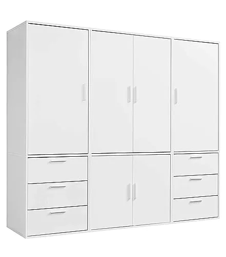 mokebo Kleiderschrank 'Der Grenzenlose' in Weiß, 6-türig mit 6 Schubladen - Drohnen und mehr: Modularer und kombinierbarer Schlafzimmerschrank, ideal für optimale Raumausnutzung und stilvolle Ordnung im Schlafzimmer.