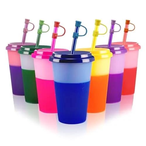 Patinao 7 Stück Becher Tasse Trinkbecher mit Strohhalm & Deckel - 350ml Farbwechselbecher Mehrweg Plastikbecher Kinder Tasse Eiskaffee Smoothie Cup Travel Mug (mit Silikon Strohhalm Cover)