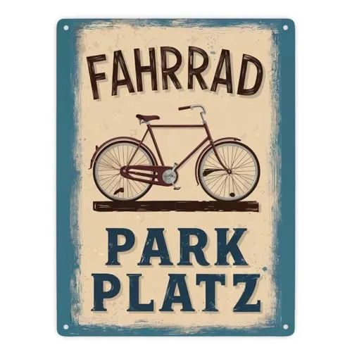 Vintage Fahrrad Parkplatz Metallschild XXL in 28x38 cm Stilvolles altmodisches Schild in Blau mit charmanten Buchstaben auf Hintergrund