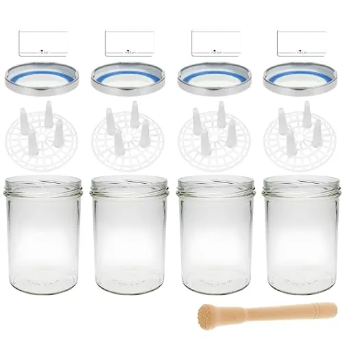 Fermentieren Starter Set 4x Fermentierglas 435 ml - Einmach-Set für sicheres Fermentieren: 4 Gläser mit hochwertigen, BPA-freien Deckeln und speziellen Fermentiergittern für optimale Belüftung ohne Gewichte.