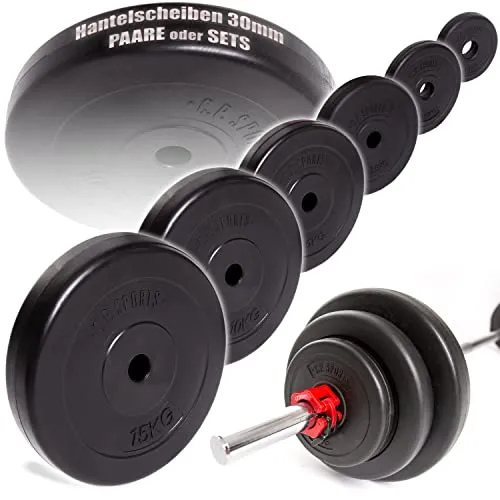 C.P. Sports Hantelscheiben 1 Paar Hantelscheibe 30mm Hantelscheibe, Bumper Plates 0,5 KG – 15 KG je Paar (1,25 KG Paar)