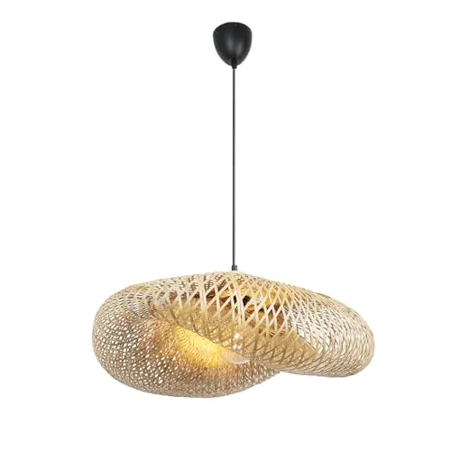 Alpinaluz Hängelampe aus natürlichem Rattan, Durchmesser 600 mm, handgefertigtes Design mit handgewebtem Lampenschirm, E27-Lampenfassung aus Holz und schwarzem Kabel, für Wohnzimmer, Esszimmer und