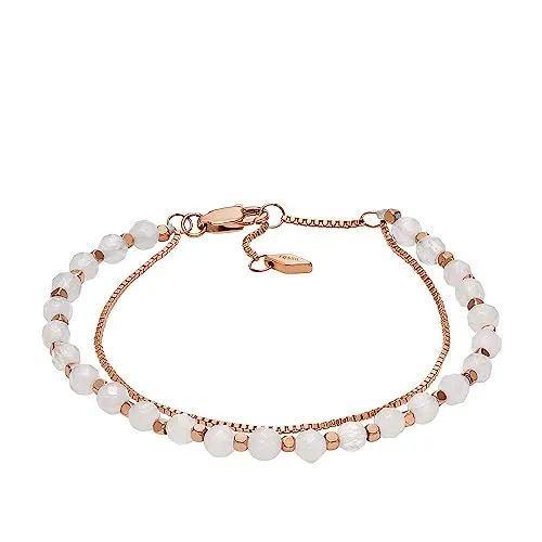 Fossil All Stacked Up Armband für Frauen - Elegantes Rosenquarz Ketten-Perlenarmband aus Edelstahl in Roségold, ideal für einen stilvollen Look, Länge: 165mm+35mm.