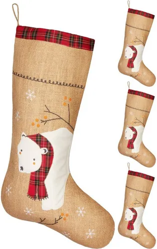 BRUBAKER Nikolausstiefel Weihnachtsstrumpf zum Befüllen und Aufhängen - 52 cm Nikolausstrumpf (Weihnachtsdeko Strümpfe Weihnachtssocke aus Jute, 4 St), Eisbär mit Schal - großer Nikolausstrumpf für Weihnachten und Nikolaus