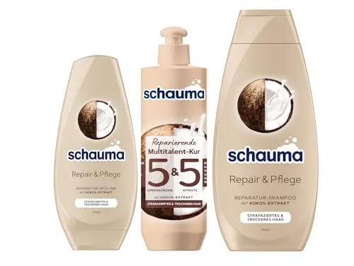 Schauma 5&5 Reparierende Multitalent-Kur (300 ml) Haarmaske & Schwarzkopf Reparatur-Shampoo Repair & Pflege (400 ml) Kokos-Extrakt & Spülung Repair & Pflege (250 ml) pflegt Haare