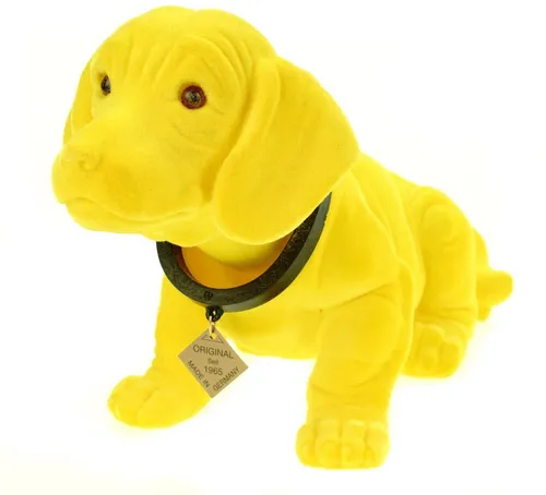 Kremers Schatzkiste Wackeldackel 30 cm gelb - Dekofigur Wackeldackel in stylischem Gelb, Made in Germany. Ideal für Auto oder Schreibtisch, mit beweglichem Kopf und verbesserter Fellstruktur. Ein Must-Have für Deko-Liebhaber!