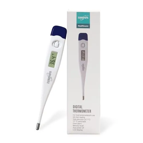 EUROPAPA Digitales Fieberthermometer für Babys, Kinder und Erwachsene, Thermometer für oral, axillar oder rektal, wasserdicht mit Fieberalarm (Dunkelblau)