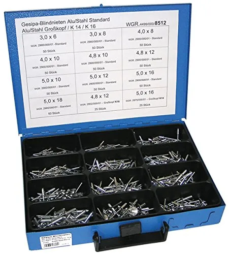 Dresselhaus Werkstatt-Set 550 teilig - Gesipa Blind-Nieten - Werkstatt-Set mit 550 hochwertigen Gesipa Blindnieten in verschiedenen Größen, ideal für professionelle Anwendungen und Heimwerkerprojekte. Im praktischen Blechkasten sortiert.