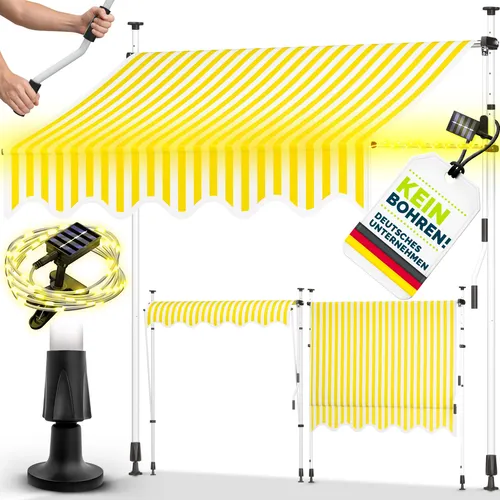 tillvex Klemmmarkise 200 cm Gelb/Weiß mit Solar LED - Hochwertige Balkonmarkise mit Solar-LED, höhenverstellbar und ohne Bohren montierbar. Ideal für perfekten Sonnenschutz und stimmungsvolle Abende im Freien.