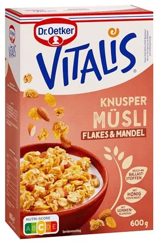 Dr. Oetker Vitalis Knusper Flakes: Knuspermüsli mit Cornflakes und Mandeln - Müslis mit wertvollen Vollkorn-Haferflocken, knackigen Mandelstückchen und feinem Bienenhonig - ideal für ein gesundes Frühstück oder als Snack für zwischendurch.
