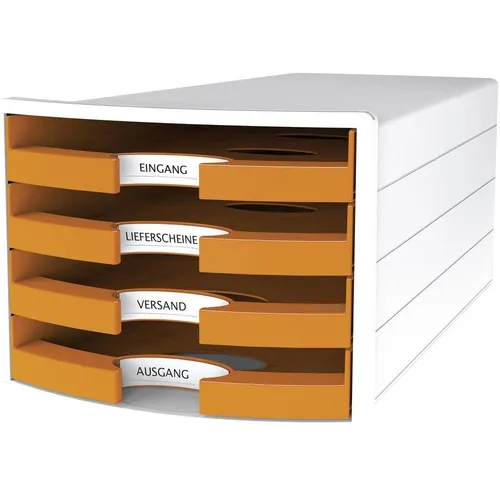 Han Schubladenbox 1013-51, A4, 4 Fächer, orange/weiß - Dokumentenablage mit 4 leichtlaufenden Schubladen, ideal für die Organisation von Unterlagen und Kleinteilen. Made in Germany mit auswechselbaren Beschriftungsschildern.