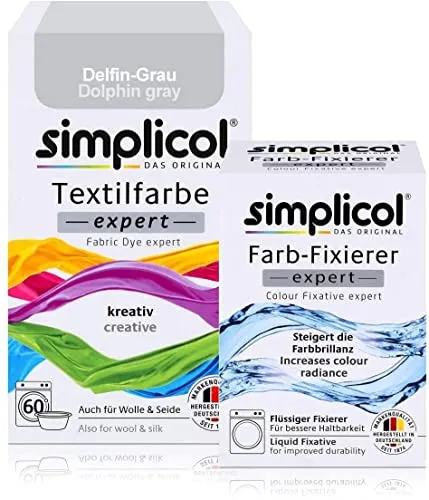 simplicol Textilfarbe expert + Farbfixierer Kombipack, Delfin-Grau 1717: Farbe für Waschmaschine oder manuelles Färben