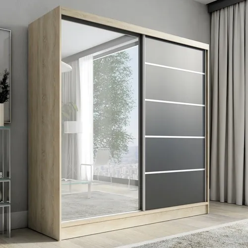 Schwebetürenschrank NERO 200 cm mit Spiegel - Schwebetürenschrank aus hochwertiger laminierter Platte, modernes Design mit Kleiderstange und Einlegeböden, ideal für platzsparende Lösungen und elegantes Wohnen.