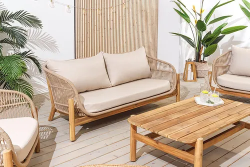riess-ambiente Loungeset ROPE natur beige – 4-teiliges Gartenmöbel-Set mit Kissen - Garten-Lounge-Set im Boho-Stil, wetterfest und pflegeleicht aus robustem Akazienholz und Aluminium. Ideal für entspannte Stunden auf Balkon oder Terrasse.