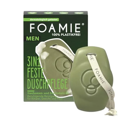 Foamie 3in1 Feste Dusche Männer, Hanfsamen & Zedernholz-Öl, Körper, Gesicht, Festes Shampoo Herren, Beruhigende Reinigung, 90g Extra-Pflegepackung