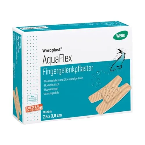 Weroplast® Wundpflaster AquaFlex Fingergelenkpflaster – 50 St - Die Weroplast® AquaFlex Pflaster sind wasserdicht und superelastisch. Ideal für Fingerverletzungen, bieten sie eine atmungsaktive Trägerfolie und hypoallergenen Kleber für hohen Tragekomfort.