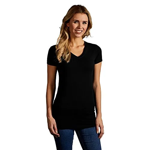 Slim-Fit V-Ausschnitt T-Shirt Lang Damen, Schwarz, L