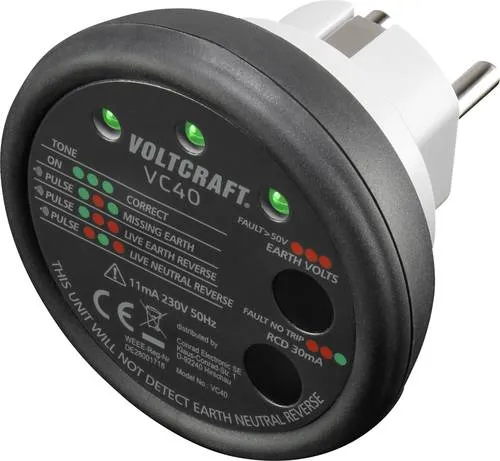 VOLTCRAFT VC40 Steckdosentester - Elektrische Messgeräte, zuverlässiger Steckdosentester mit automatischem Prüfablauf für sichere Spannungsmessungen bis 300 V.