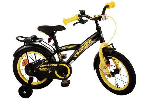 Volare Thombike Kinderfahrrad 14 Zoll - Schwarz Gelb - Kinderfahrrad für Jungen, 14 Zoll, mit abnehmbaren Stützrädern und höhenverstellbarem Sattel. Sicherheit durch geschlossenen Kettenkasten und Bremsen, ideal für sichere Fahranfänger.
