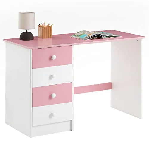 IDIMEX Schreibtisch ARNE - Kinderschreibtisch mit 4 Schubkästen aus massivem Kiefer, in modernem Weiß/Rosa, bietet viel Stauraum und ist ideal für das kreative Kinderzimmer.