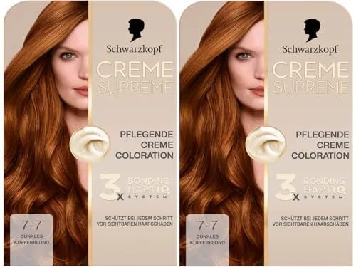 Schwarzkopf Creme Supreme Coloration 7-7 Dunkles Kupferblond (2x 182 ml), dauerhafte Haarfarbe mit Serum und Haar-Maske schützt vor sichtbaren Haarschäden, für 100% Grauabdeckung