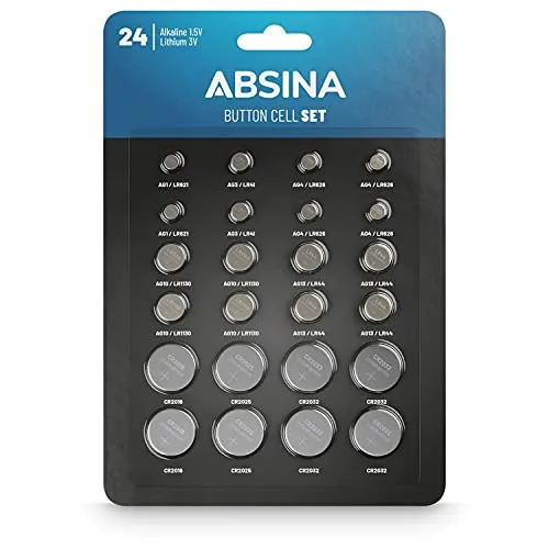 ABSINA 24er Pack Alkaline & Lithium Knopfzellen - Vielseitiges Sortiment - Batterien Set mit 24 langlebigen Knopfzellen für Autoschlüssel, Spielzeug und mehr, temperaturbeständig von -10°C bis +50°C, ideal für vielfältige Anwendungen.