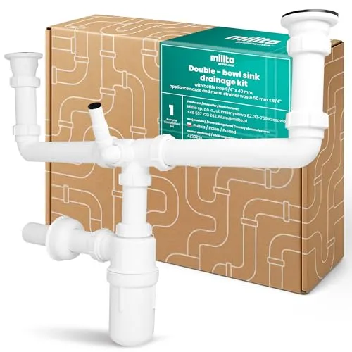 Millto Siphon Flaschensiphon für Doppelbeckenspüle 6/4'' 40 mm Ablaufgarnitur mit Geräteanschluss Geruchsverschluss Wasseranschluss Abflusssieb Kunststoff Ablaufventil Metallsieb