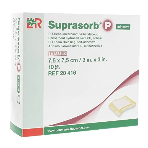 Pansements Hydrocellulaires Suprasorb P Lohmann Rauscher - 10 Stück, 7,5 cm x 7,5 cm - Erste-Hilfe-Heftpflaster & Verbandsmaterial, dreischichtiger Silikonverband für feuchte Wundheilung, einfach anzuwenden und schmerzfrei zu entfernen.