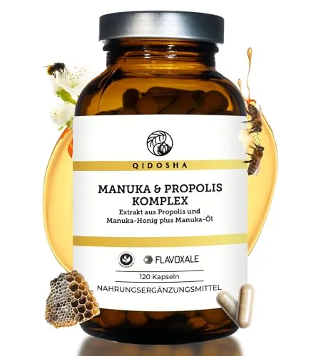 QIDOSHA® Propolis & Manuka Komplex - 120 Kapseln im Apothekerglas - Hochwertiges Nahrungsergänzungsmittel mit ausgewählten Bienen- und Pflanzenrohstoffen. Enthält Manuka-Honig MGO100+ und ätherisches Manuka-Öl. Ideal für die tägliche Unterstützung und in nachhaltigen Apothekergläsern verpackt.