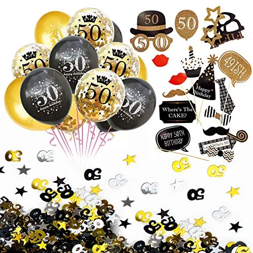 Oblique Unique® 50. Geburtstag Party Feier Deko Set - Happy Birthday 50 Konfetti Luftballons Set + Fotorequisiten Fotoaccessoires + Konfetti Zahl 50 + Sterne Gold Silber Schwarz Mix
