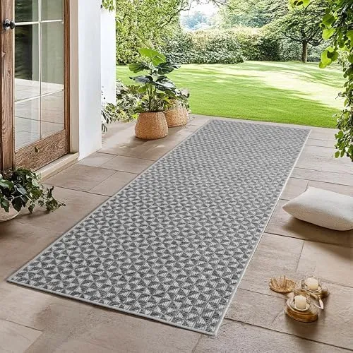 Carpetsale24 In- & Outdoor Teppich Grau 80x250 cm Läufer - Wetterfester & UV-beständiger Teppich im Boho-Stil, ideal für Küche, Balkon und Wohnzimmer – pflegeleicht, robust und OEKO-TEX zertifiziert für ein gesundes Wohnklima.