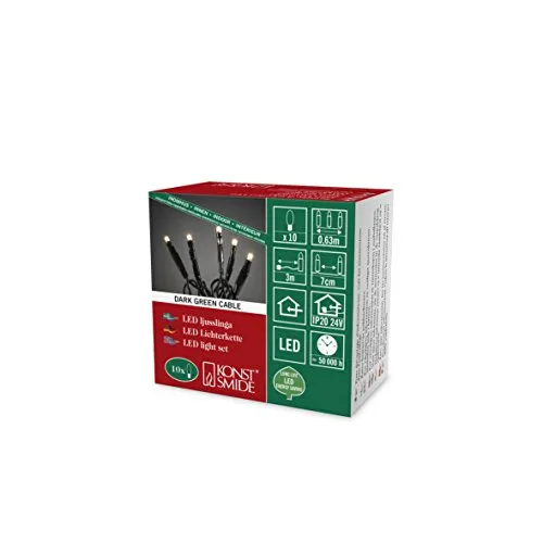 Konstsmide Micro LED Lichterkette, 10 warm weiße Dioden, 24V Innentrafo, dunkelgrünes Kabel - 6350-120