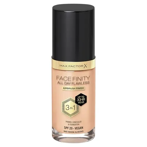 Max Factor, Facefinity All Day Flawless Foundation - Concealer, 3-in-1 Liquid Foundation & Gesichtsprimer, vegane Formel, modulare Abdeckung, bis zu 30 Stunden Halt, SPF20-N45 Warm Almond, 30 ml