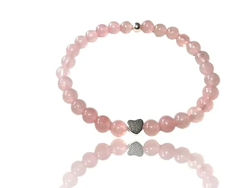 Steinfixx® - Echtes Rosenquarz Perlenarmband mit 925 Silberperle und versilbertem Herz - Hochwertiges Edelsteinarmband handgefertigt in Bayern (small 4 mm)