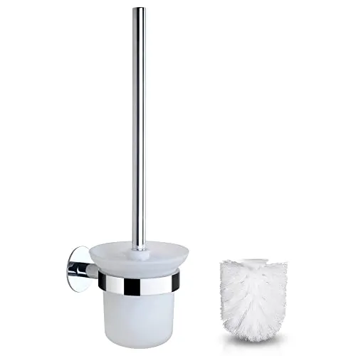 GERUIKE Toilettenbürste Klobürste Wandmontage mit Klobürstenhalter Ohne Bohren WC Bürstengarnitur Edelstahl Silber enthält 2 Weiße WC Bürstenkopf und Toilettenbürstenhalter aus Glas