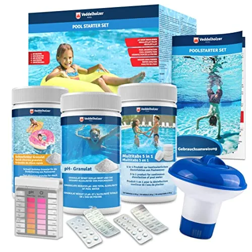 Veddelholzer Garten Poolpflege 5 in 1 Reinigungsset - Umfassendes Poolpflege-Set mit 5 Teilen, inklusive pH-Tester und Chlortabletten für optimale Wasserqualität und einfache Reinigung.