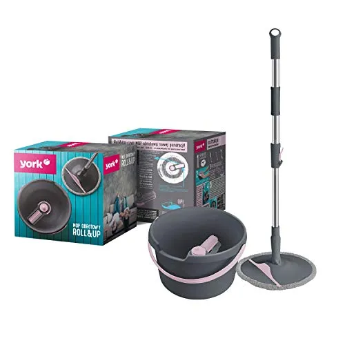 York Roll&up Bodenwischer mit Eimer Twist Disc Mop Mikrofaser Wischmopp Set Edelstahlstiel Teleskopstiel Innovative Auswringfunktion Klappplatte Wischbezug Mit Klett Putzset Grau und Ross